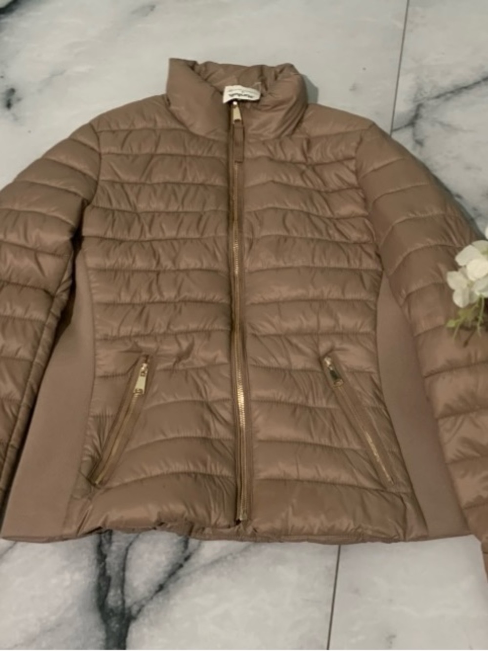 Love Tree Quilted Puffer Jacket in Taupe
